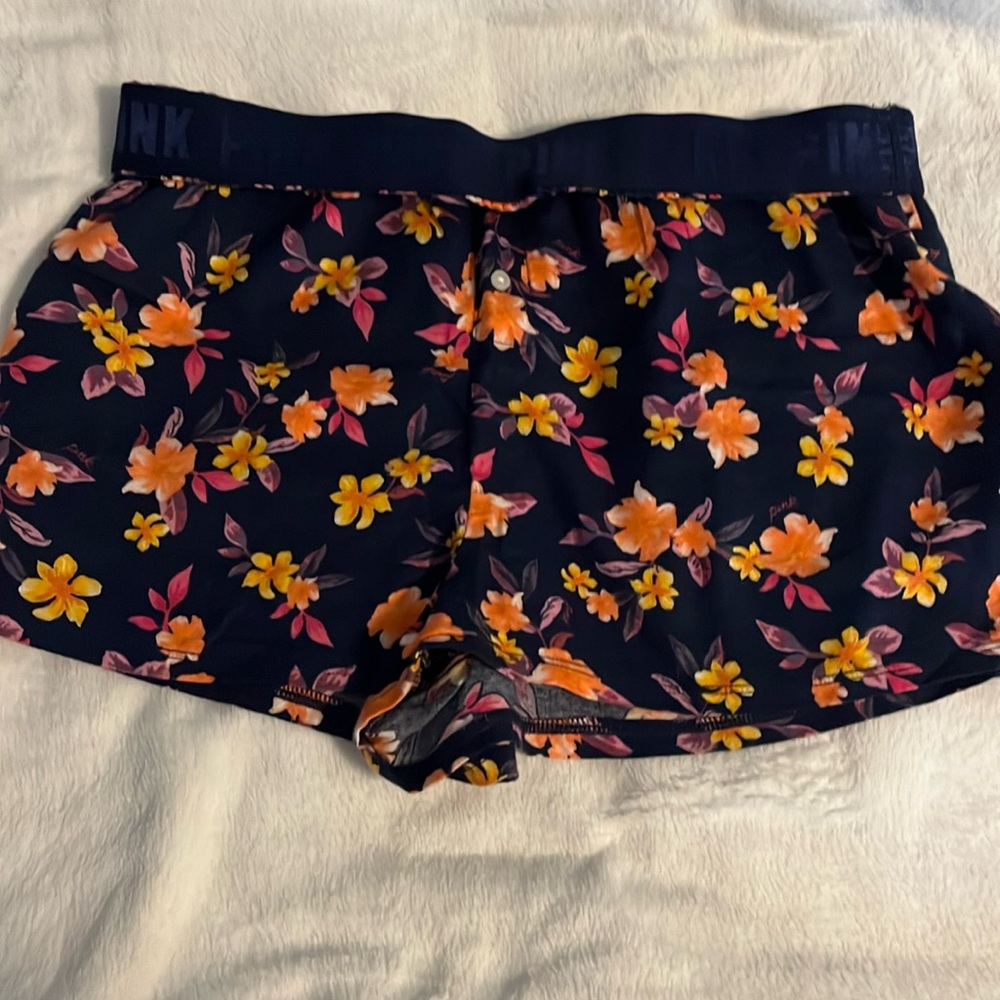 Floral navy blue pattern Pajama shorts from PINK size small! NWOT folds at top